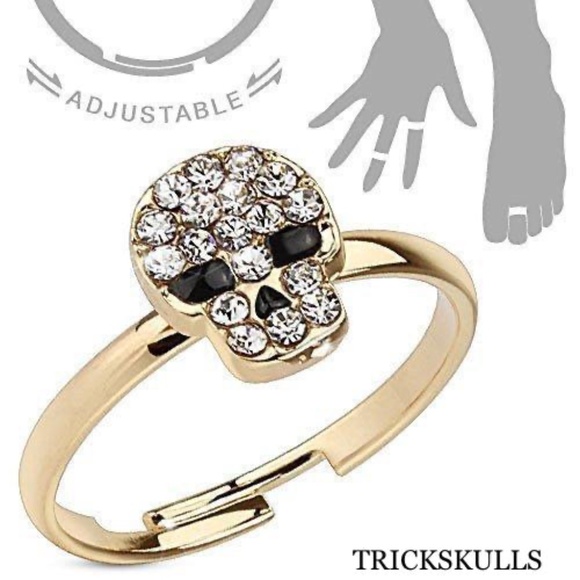 Gold Tone Adjustable Cubic Zirconia Pave Skull Toe Ring Open Mid Ring Sz 3.5 - 7 - Picture 4 of 4